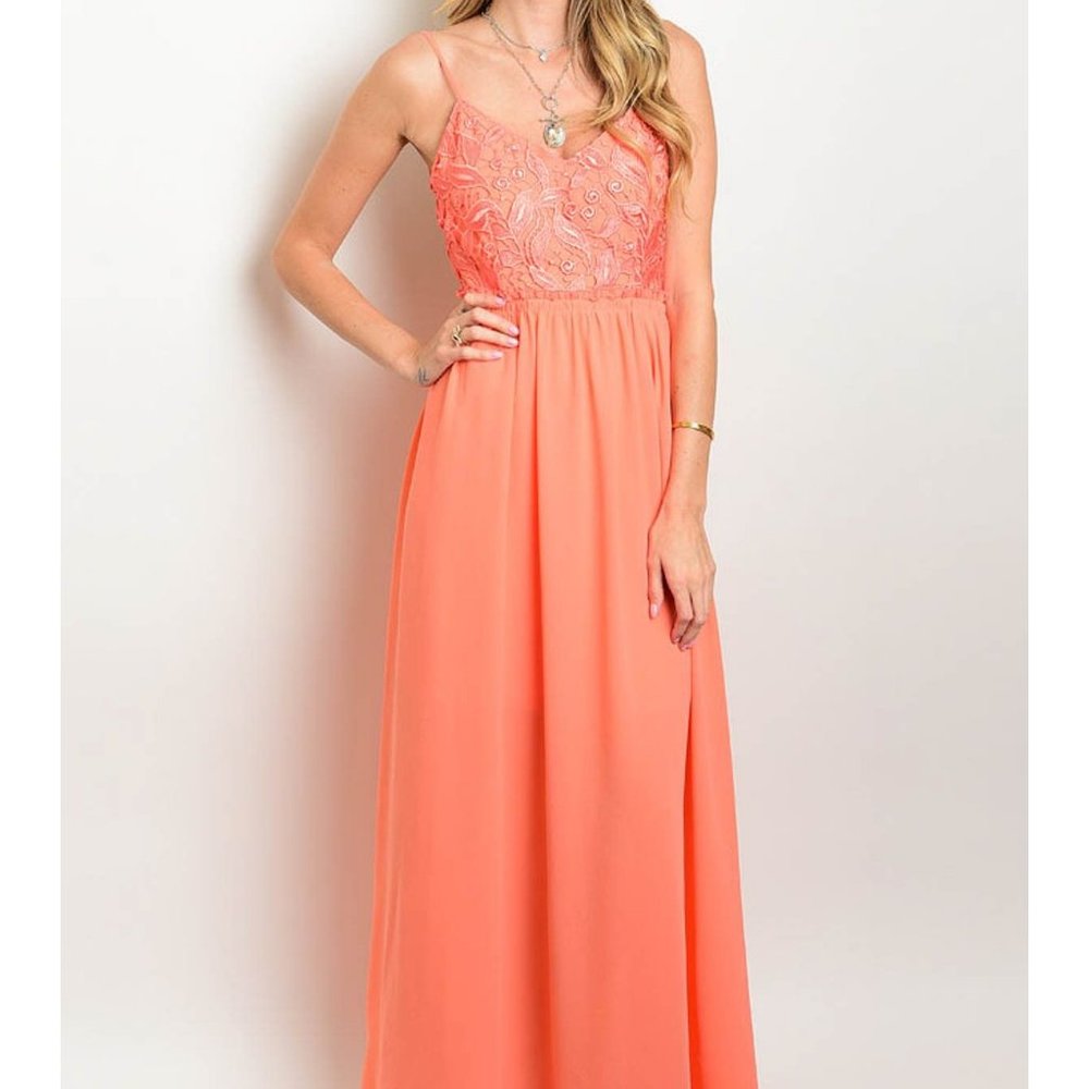 Orange Sherbet Crochet Top Fitted Chiffon Maxi Dress